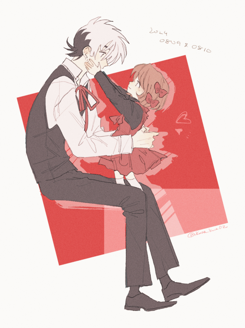 1boy 1girl artist_name bad_id bad_pixiv_id black_footwear black_hair black_jack_(character) black_jack_(series) black_pants black_shirt black_socks black_vest bow brown_hair closed_mouth collared_shirt dated drop_shadow eye_contact from_side full_body hair_bow hands_on_another&#039;s_cheeks hands_on_another&#039;s_face heart highres invisible_chair kamakura_(umi_146) loafers long_sleeves looking_at_another looking_at_viewer looking_up multicolored_background multicolored_hair multiple_hair_bows neck_ribbon pants pinoko red_background red_bow red_ribbon ribbon shirt shoes short_hair simple_background sitting smile socks standing twitter_username two-tone_hair vest white_background white_hair white_shirt white_socks wing_collar
