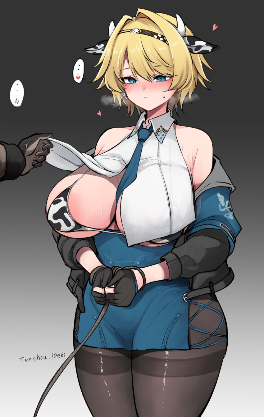 ... 10eki_(tenchou) 1girl 1other absurdres anger_vein animal_ears animal_print artist_name bare_shoulders between_breasts bikini bikini_top_only black_background black_gloves black_jacket black_pantyhose blue_eyes blue_necktie blue_skirt blush bound bound_wrists breasts closed_mouth commentary_request cow_ears cow_horns cow_print cow_print_bikini earrings fake_animal_ears fake_horns girls&#039;_frontline girls&#039;_frontline_2:_exilium gloves gradient_background highres horns jacket jewelry large_breasts mole mole_under_eye necktie necktie_between_breasts nikketa_(girls&#039;_frontline_2) off_shoulder open_clothes open_jacket pantyhose partially_fingerless_gloves print_bikini restrained short_hair simple_background skirt snowflake_earrings sweatdrop swimsuit vsk-94_(girls&#039;_frontline) white_background