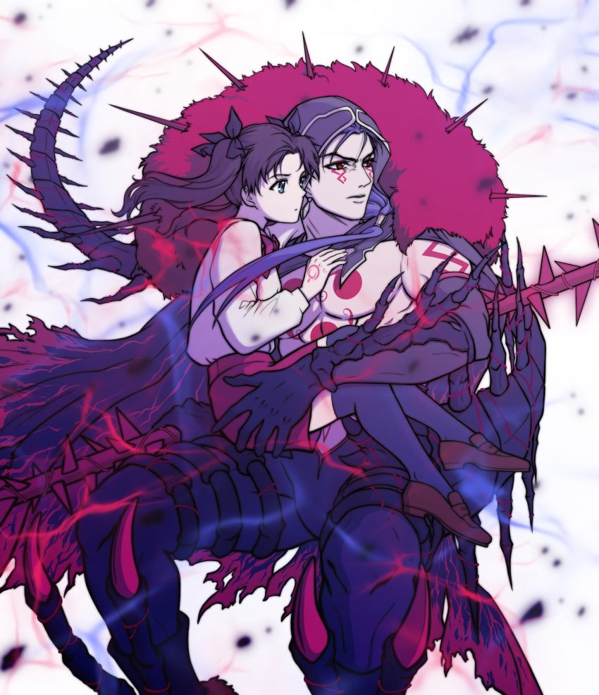 1boy 1girl :o black_hair black_ribbon black_thighhighs bow bowtie brown_footwear cu_chulainn_(fate) cu_chulainn_(fate/stay_night) cu_chulainn_alter_(fate) cu_chulainn_alter_(third_ascension)_(fate) energy facial_tattoo fate/stay_night fate_(series) feet_out_of_frame fur_trim hair_ribbon highres holding_person hood hood_up long_hair nian_(qingdandeliuni1) pectorals pencil_skirt red_bow red_bowtie red_skirt ribbon shirt shirt_tucked_in shoes skirt tail tattoo thighhighs tohsaka_rin tohsaka_rin_(fate/zero) two_side_up white_shirt
