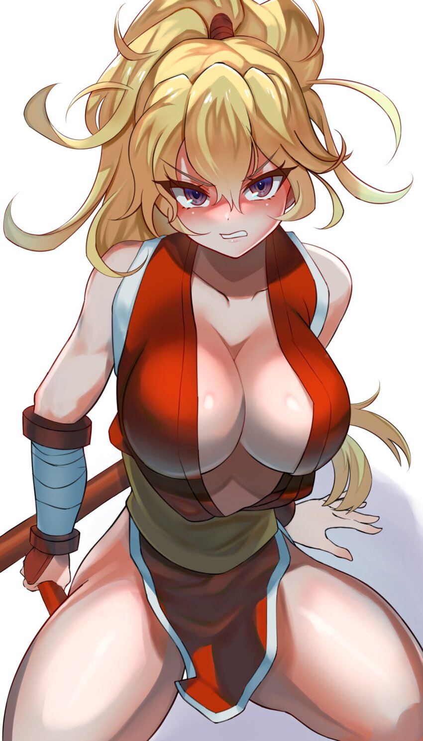 1girl angry bare_shoulders blonde_hair breasts cleavage final_fight final_fight_2 genryuusai_maki highres large_breasts long_hair ninja pelvic_curtain purple_eyes sato_one1 street_fighter