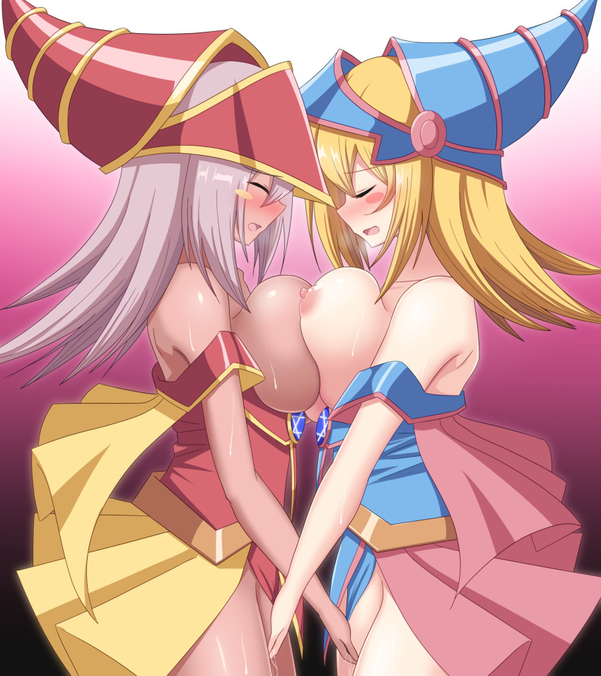 2girls aftersex blonde_hair blush blush_stickers breast_fight breast_press breasts breasts_out breath closed_eyes clothed_sex dark-skinned_female dark_magician_girl dark_skin dual_persona duel_monster fingering fingering_each_other grey_hair hexagram highres huge_breasts long_hair multiple_girls nipples open_mouth paradox_1818 selfcest sex_fight standing star_of_david sweat symmetrical_docking tagme trembling vaginal yu-gi-oh! yuri