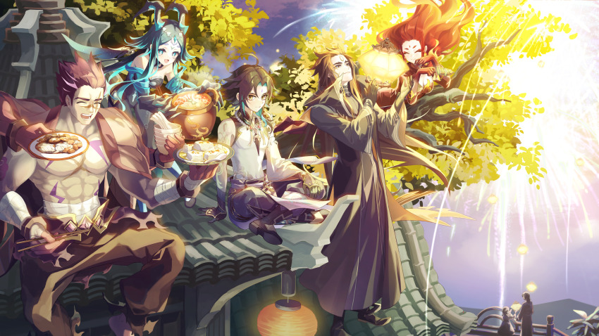 3girls 4boys :d ^_^ abs absurdres adeptus&#039;_temptation_(genshin_impact) aerial_fireworks ahoge almond_tofu_(genshin_impact) architecture arm_tattoo balcony bandaged_arm bandages bare_shoulders bead_necklace beads black_footwear black_gloves black_hair black_robe blue_eyes blue_hair blue_horns bodypaint bonanus_(genshin_impact) boots bosacius_(genshin_impact) bowl bracelet branch bright_pupils brown_hair chopsticks closed_eyes closed_mouth commentary commentary_request crossed_legs dress earrings east_asian_architecture english_commentary extra_arms facial_mark fiery_hair fireworks food forehead_mark genshin_impact gloves green_hair grilled_tiger_fish_(genshin_impact) hands_up happy highres holding holding_bowl holding_chopsticks holding_food holding_plate holding_skewer horns hotpot indarias_(genshin_impact) jewelry lantern laughing long_hair long_sleeves looking_at_viewer lying menogias_(genshin_impact) mixed-language_commentary multicolored_hair multiple_boys multiple_girls muscular muscular_male mushroom necklace night noodles noodles_with_mountain_delicacies_(genshin_impact) on_stomach open_mouth outdoors pants paper_lantern parted_bangs pectorals plate purple_hair purple_pants red_dress red_hair robe sarashi scar scar_on_face shiitake shirt short_hair sitting skewer sky_lantern sleeveless sleeveless_shirt smile spoon standing streaked_hair tattoo teeth tofu tree white_pupils white_shirt wide_sleeves xiao_(genshin_impact) yellow_eyes yoco_n