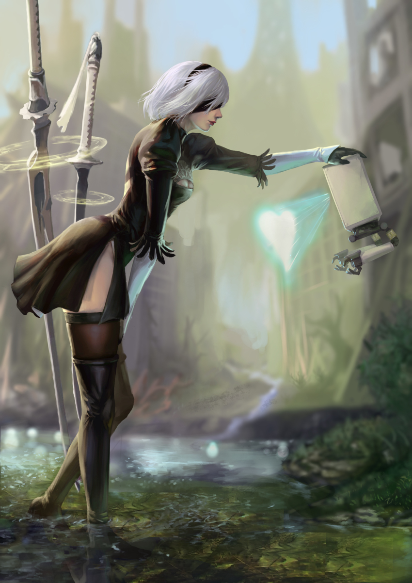 1girl 2b_(nier:automata) absurdres black_dress black_hairband blindfold blurry blurry_background boots breasts cleavage_cutout clothing_cutout dress feather-trimmed_sleeves floating floating_object floating_weapon hairband hand_on_own_knee headpat heart highres hologram katana leaning_forward looking_at_another machine_(nier) nier:automata nier_(series) outdoors pod_(nier:automata) ruins sherl_rin short_hair sword thigh_boots thighhighs thighhighs_under_boots weapon white_hair