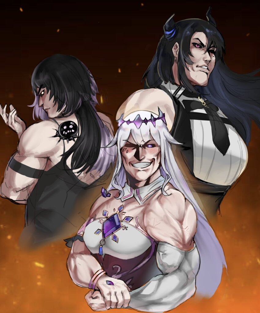 3girls alternate_muscle_size arm_strap asymmetrical_horns biceps black_dress black_hair black_horns blush breasts chest_jewel closed_mouth commentary cropped_torso demon_horns dio_brando&#039;s_pose_(jojo) dress embers english_commentary flexing floating_hair gem grey_hair grin hair_between_eyes hair_flaps headpiece highres hololive hololive_english horns iggy2077 jewel_under_eye jojo_pose koseki_bijou koseki_bijou_(1st_costume) large_breasts long_hair looking_at_viewer mole mole_under_eye multicolored_hair multiple_girls muscular muscular_female nerissa_ravencroft nerissa_ravencroft_(1st_costume) purple_eyes purple_gemstone purple_hair red_eyes shiori_novella shiori_novella_(1st_costume) shirt side_chest_pose sleeveless sleeveless_dress smile split-color_hair strapless strapless_dress two-tone_hair uneven_horns v-shaped_eyebrows veins veiny_arms virtual_youtuber white_dress white_shirt yorick_(shiori_novella)
