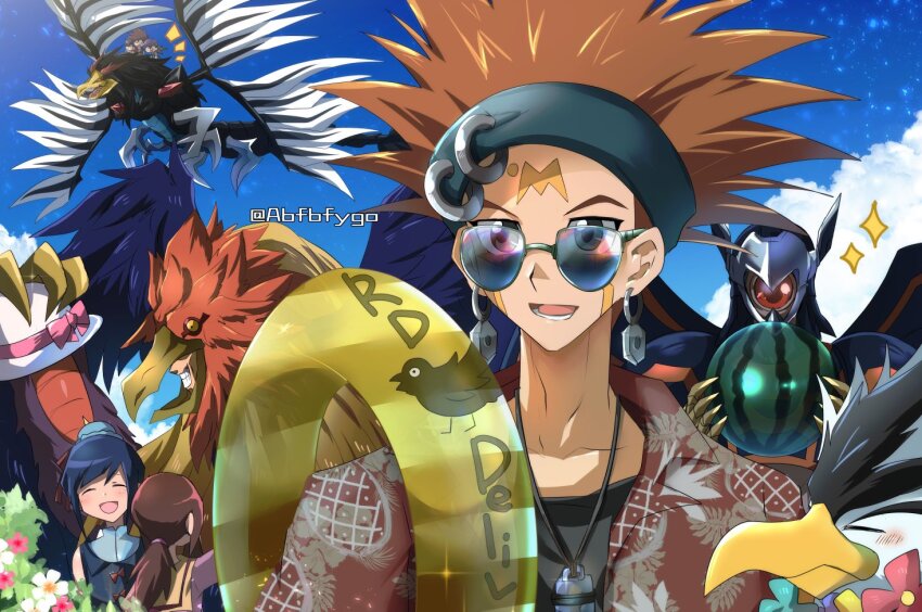 5d abfbfygo armor bird black-winged_dragon black_armor black_shirt blackwing_armor_master blackwing_blizzard_the_far_north blackwing_gale_the_whirlwind brown_hair brown_jacket crow_hogan dragon earrings facial_mark flower jacket jewelry male_focus sername shirt solo_focus sunglasses yu-gi-oh! yu-gi-oh!_5d&#039;s