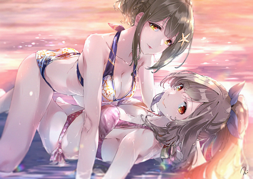 2girls ass bare_shoulders bikini braid breasts brown_eyes brown_hair cleavage commentary_request film_grain girl_on_top hair_ribbon halterneck high_ponytail highres idolmaster idolmaster_shiny_colors kuwayama_chiyuki long_hair looking_at_viewer medium_breasts multiple_girls navel pink_bikini ponytail print_bikini ribbon shallow_water side-tie_bikini_bottom starfish_hair_ornament swept_bangs swimsuit torokko tsukioka_kogane twilight water wet yellow_eyes