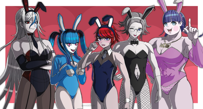 2boys 3girls amemiya_darumi animal_ear_hairband animal_ears aotsuki_eito black_bodysuit black_bow black_hair black_pantyhose blue_background blue_bodysuit blue_eyes blue_hair bodysuit border bow braid breasts cleavage closed_mouth crossdressing detached_collar embarrassed fake_animal_ears glasses hair_between_eyes hairband heart heterochromia highres large_breasts leotard long_sleeves looking_at_viewer makeup middinos mojiro_moko multicolored_bodysuit multicolored_hair multiple_boys multiple_girls muscular muscular_female navel necktie one_eye_closed pantyhose parted_hair pink_bodysuit pink_eyes playboy_bunny purple_eyes purple_hair rabbit_ear_hairband rabbit_ears red_bodysuit red_bow red_eyes red_hair simple_background smile sumino_takumi teeth the_hundred_line_-last_defense_academy- twin_braids twintails upper_teeth_only v&#039;ehxness white_border white_hair wings