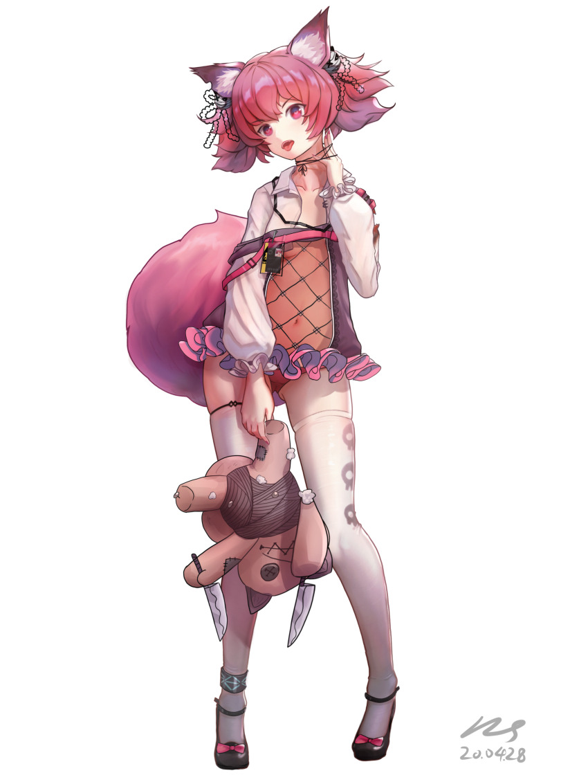 1girl absurdres animal_ear_fluff animal_ears arknights chinese_commentary commentary_request fox_ears fox_girl fox_tail full_body glaring highres holding holding_stuffed_toy id_card knife lanyard laozhanshi morte_(arknights) pink_eyes pink_hair purple_vest revision shamare_(arknights) short_hair simple_background solo stuffed_animal stuffed_toy stuffed_wolf tail thighhighs transparent_background vest