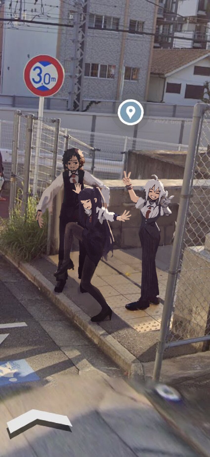 1boy 2girls absurdres black_footwear black_pants black_pantyhose black_vest chain-link_fence dana_zane double_v fence gillian_(va-11_hall-a) google_maps high_heels high_school_girls_posing_for_google_street_view_(meme) highres jill_stingray long_sleeves meme multiple_girls necktie overhead_line pants pantyhose photo_background raised_curb red_necktie rnna road_sign shirt sidewalk sign smile standing standing_on_one_leg tactile_paving v va-11_hall-a vest white_shirt