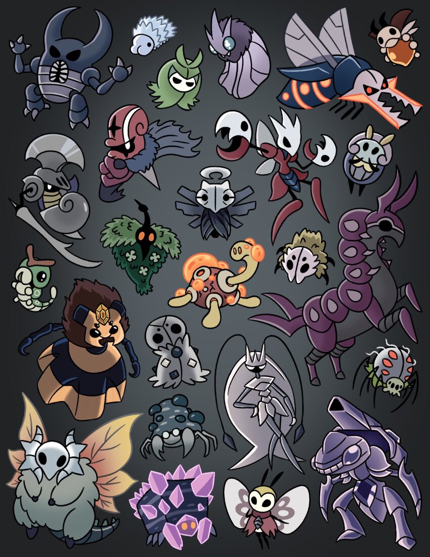 accelgor bioluminescence bug caterpie commentary crustle crystal english_commentary escavalier false_knight_(hollow_knight) full_body gen_1_pokemon gen_2_pokemon gen_3_pokemon gen_4_pokemon gen_5_pokemon gen_6_pokemon gen_7_pokemon gen_8_pokemon genesect glimback_(hollow_knight) glowing gradient_background grub_(hollow_knight) halo highres hollow_knight illumise insect_wings joltik kingsmould_(hollow_knight) ledyba legendary_pokemon little_weaver_(hollow_knight) myla_(hollow_knight) mythical_pokemon nail_(hollow_knight) nintendo no_humans parasect parody pheromosa pinsir pokemon pokemon_(creature) primal_aspid_(hollow_knight) ravencourse ribombee scizor scolipede seer_(hollow_knight) shedinja shuckle slither_wing snom spewpa standing style_parody swadloon tarountula tiktik_(hollow_knight) ultra_beast vengefly_king_(hollow_knight) venomoth vespiquen vikavolt wings wormadam wormadam_(plant)