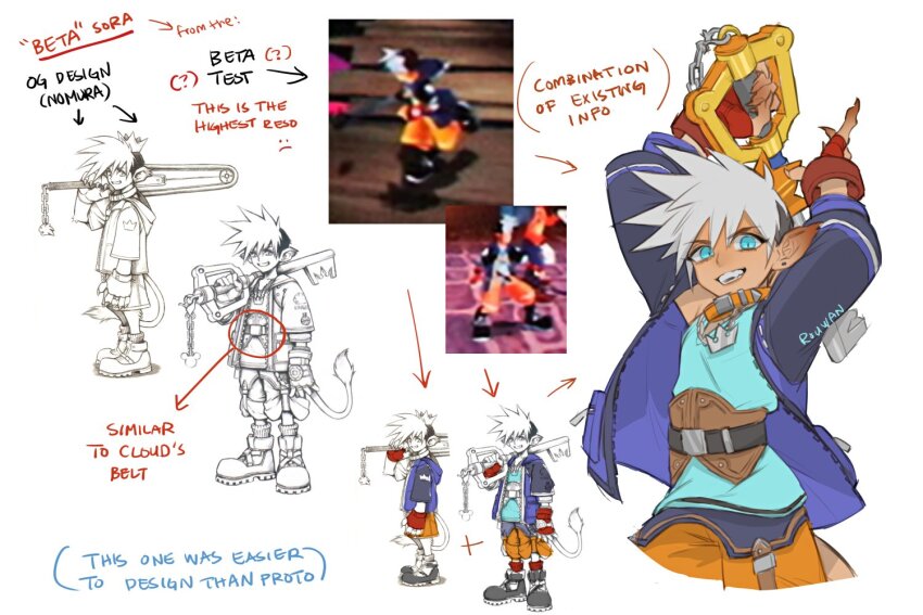 alternate_design animal_collar arms_up arrow_(symbol) belt black_belt blue_eyes blue_jacket blue_shirt brown_belt chain chain_necklace claws collar commentary concept_art crown design_speculation earrings english_commentary english_text fang fingerless_gloves gloves grey_hair grin holding holding_weapon jacket jewelry keyblade kingdom_hearts lion_boy lion_tail looking_at_viewer mini_crown necklace nomura_tetsuya official_art_inset open_clothes open_jacket orange_collar orange_pants pants pendant pointy_ears prototype_design red_gloves rouwan screenshot_inset shirt short_hair signature slit_pupils smile sora_(kingdom_hearts) spiked_hair stud_earrings tail tan v-neck weapon white_background