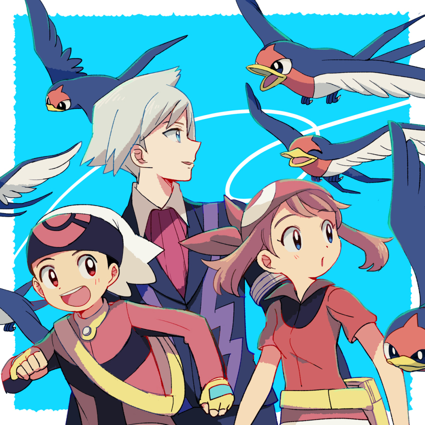 1girl 2boys :d :o ascot backpack bag bandana bird blue_eyes blue_hair border brendan_(pokemon) brown_hair collared_shirt fingerless_gloves formal_clothes game_freak gen_3_pokemon gloves hat highres light_blue_hair long_sleeves may_(pokemon) medium_hair multiple_boys nintendo open_mouth outside_border parted_lips pokemon pokemon_(creature) pokemon_rse popcorn_91 red_ascot red_eyes red_shirt shirt short_hair short_sleeves smile steven_stone suit taillow teeth upper_body upper_teeth_only white_border white_hat white_shirt yellow_bag yellow_gloves