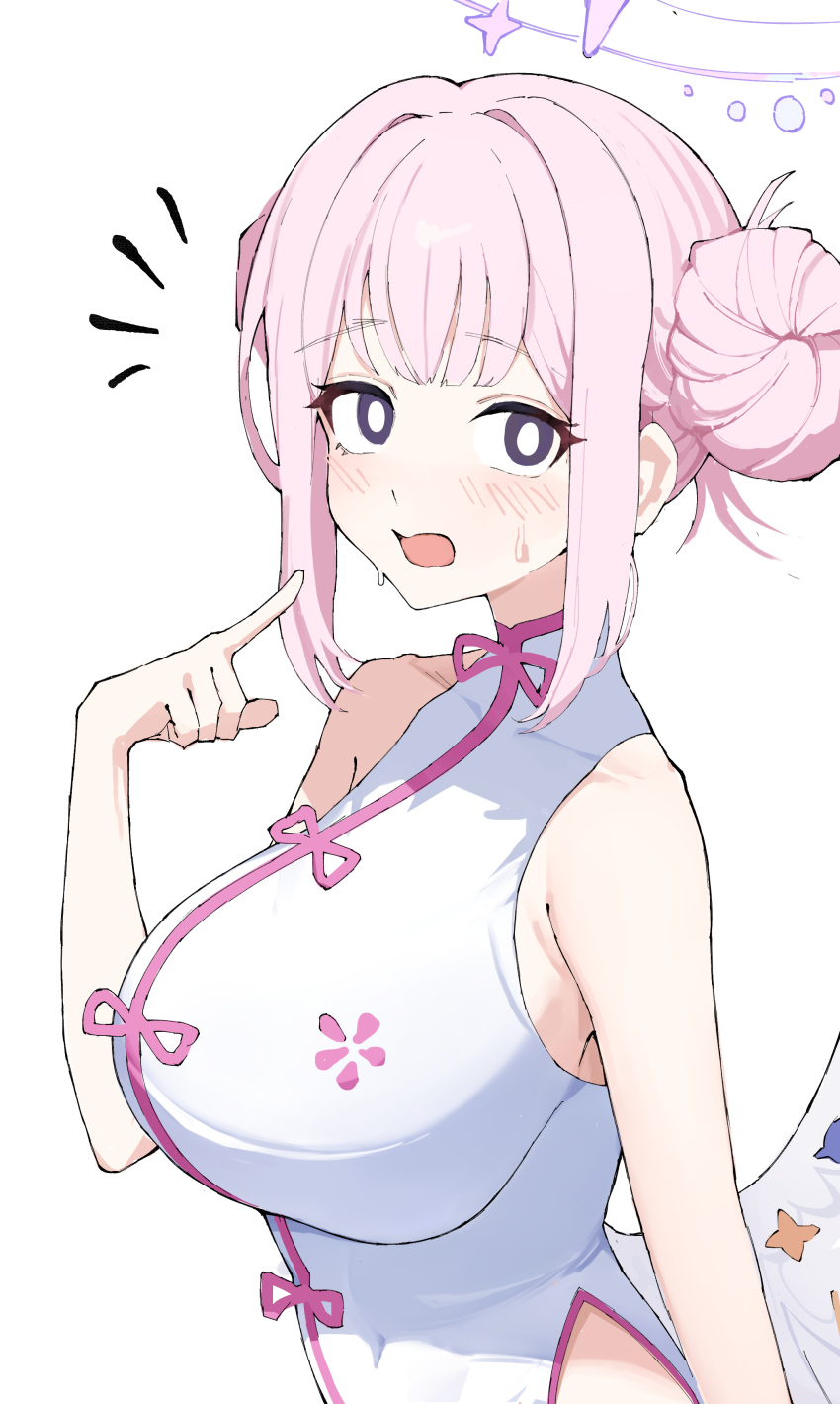 1girl absurdres angel_wings bare_shoulders blue_archive blush breasts china_dress chinese_clothes djan dress feathered_wings gradient_halo hair_bun halo highres large_breasts looking_at_viewer low_wings mika_(blue_archive) multicolored_halo nervous_sweating pink_hair pink_halo simple_background single_side_bun solo sweat upper_body white_background white_dress white_wings wing_ornament wings