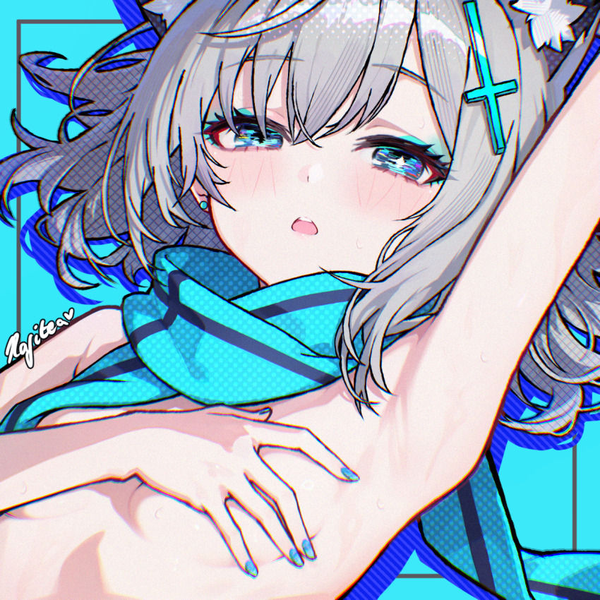 1girl animal_ear_fluff animal_ears arm_up armpits blue_archive blue_eyes blue_nails blue_scarf blush breasts covering_breasts covering_privates earrings grey_hair highres jewelry long_hair looking_at_viewer nude open_mouth rafi_(rafitea) scarf shiroko_(blue_archive) small_breasts solo stud_earrings teeth upper_teeth_only wolf_ears wolf_girl