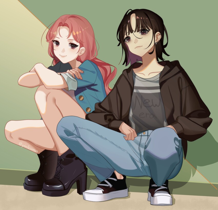 2girls black_hair black_jacket black_shoes blue_pants blush collarbone colored_inner_hair commentary crossed_arms denim ear_piercing earrings english_commentary full_body grey_shirt high_heels highres hood hooded_jacket hoop_earrings jacket jeans jewelry kininatteru_hito_ga_otoko_ja_nakatta koga_mitsuki long_hair long_sleeves multicolored_hair multiple_girls oosawa_aya pants parted_bangs piercing pink_hair pinkuma print_shirt purple_eyes purple_hair shirt shoes short_hair smile sneakers squatting twitter_username