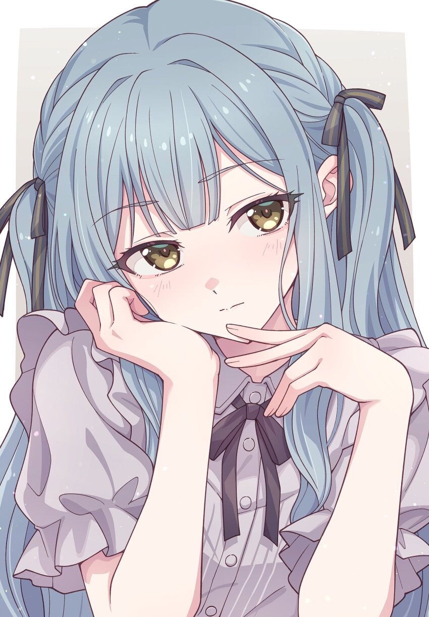 1girl bang_dream! bang_dream!_it&#039;s_mygo!!!!! black_ribbon blue_hair blush border closed_mouth commentary dress_shirt e20 grey_background grey_shirt hair_ribbon head_rest highres long_hair neck_ribbon outside_border ribbon shirt short_sleeves sidelocks solo togawa_sakiko two_side_up upper_body white_border yellow_eyes
