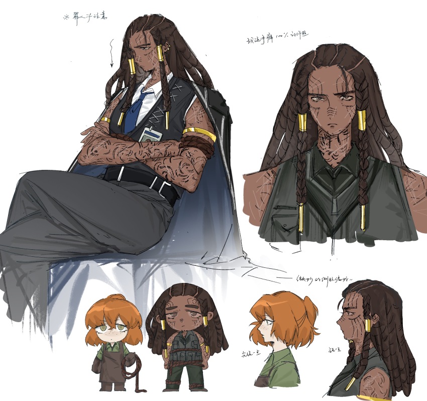 2girls apron arm_tattoo armlet black_vest braided_dreadlocks brown_apron brown_footwear brown_gloves brown_hair brown_sclera chibi chibi_inset chinese_text collared_shirt colored_sclera crossed_arms dark-skinned_female dark_skin facial_tattoo freckles gloves green_eyes green_shirt half_updo highres humian0101 ishmael_(project_moon) ishmael_(the_pequod)_(project_moon) jewelry limbus_company long_hair metal_hair_tubes multiple_girls multiple_views orange_hair project_moon queequeg_(project_moon) rope_around_waist shirt short_hair sitting tattoo translation_request vest