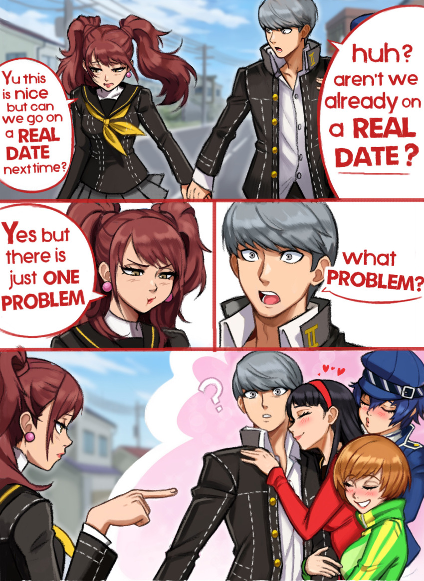 1boy 4girls ? amagi_yukiko arm_hug black_hair black_jacket black_sailor_collar blue_hair blue_hat blue_jacket blush breasts brown_hair closed_eyes closed_mouth collared_shirt commentary day dress_shirt earrings english_commentary english_text green_jacket grey_eyes grey_hair grey_skirt grin hairband harem hat heart highres holding_hands hug_from_side jacket jewelry kujikawa_rise long_hair long_sleeves looking_at_another looking_down medium_breasts multiple_girls narukami_yu neckerchief neggoartz open_clothes open_jacket open_mouth outdoors persona persona_4 pointing pointing_at_another pout puckered_lips red_hair red_hairband red_lips sailor_collar satonaka_chie school_uniform shirogane_naoto shirt short_hair skirt smile speech_bubble striped_clothes striped_jacket utility_pole vertical-striped_clothes vertical-striped_jacket white_shirt yellow_neckerchief