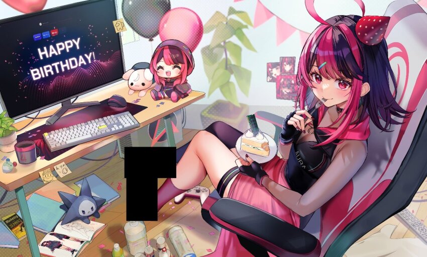 1girl ahoge asymmetrical_legwear balloon bar_censor black_choker black_gloves black_hair black_shirt black_thighhighs bottle cake cake_slice can censored censored_feet chair character_doll character_name choker commentary controller cup desk eating english_commentary fingerless_gloves food for_dummies fork game_controller gaming_chair gloves gx_aura hair_ornament hairclip happy_birthday hat hood hood_down computer_keyboard long_hair mat monitor mug multicolored_hair official_art opera_gx party_hat pink_eyes pink_hair pink_socks plant plate polka_dot_headwear red_nails remote_control second-party_source see-through_clothes shirt single_sock single_thighhigh sitting socks sticky_note swivel_chair thigh_strap thighhighs utensil_in_mouth virtual_youtuber wooden_floor yuniiho