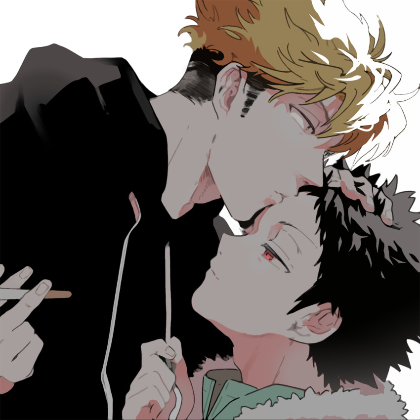 2boys black_hair black_hoodie blonde_hair cigarette closed_mouth couple drawstring from_side fur-trimmed_jacket fur_trim hand_on_another&#039;s_head hand_up hands_up height_difference highres holding holding_cigarette hood hood_down hoodie jacket kazama_souya kiss kissing_forehead kzmsnmjkk leaning_on_person long_sleeves looking_at_another male_focus multiple_boys pants portrait profile pulling red_eyes short_hair sideburns simple_background suwa_koutarou undercut white_background world_trigger yaoi