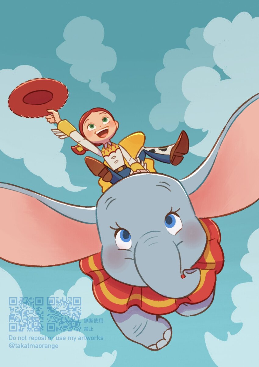 1boy 1girl animal_print belt boots braid chaps cow_print cowboy_hat cowgirl_(western) dumbo dumbo_(character) elephant green_eyes hat highres jessie_the_yodeling_cowgirl long_hair long_sleeves print_chaps red_hair shirt single_braid smile takatmaorange toy_story toy_story_2 yoke_(clothing)