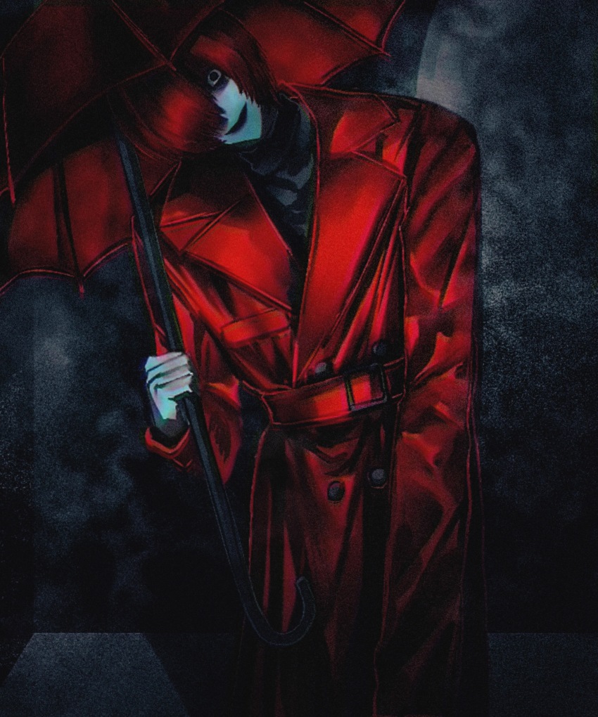 1boy absurdres belt black_background black_eyes black_shirt buttons chinese_commentary coat commentary_request double-breasted hair_over_one_eye head_tilt highres holding holding_umbrella homicipher horror_(theme) lapels long_sleeves looking_at_viewer male_focus moyu_shuang mr._scarletella notched_lapels red_belt red_coat red_hair shirt short_hair smile solo trench_coat umbrella variant_set