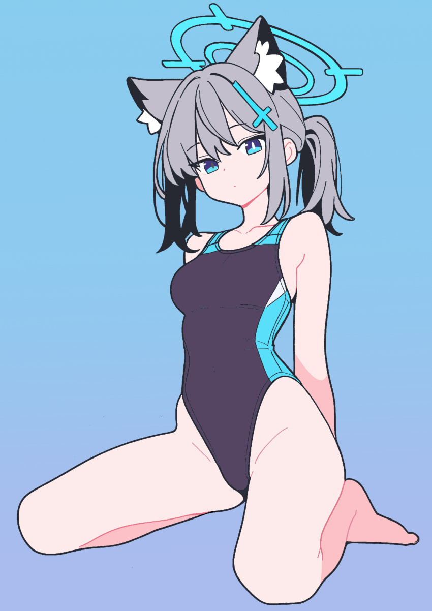 1girl animal_ear_fluff animal_ears black_one-piece_swimsuit blue_archive blue_background blue_eyes breasts competition_swimsuit cross_hair_ornament expressionless extra_ears full_body grey_hair hair_ornament halo highres kneeling looking_at_viewer low_ponytail medium_breasts medium_hair mismatched_pupils multicolored_swimsuit official_alternate_costume one-piece_swimsuit otomii ponytail shiroko_(blue_archive) shiroko_(swimsuit)_(blue_archive) solo swimsuit wolf_ears