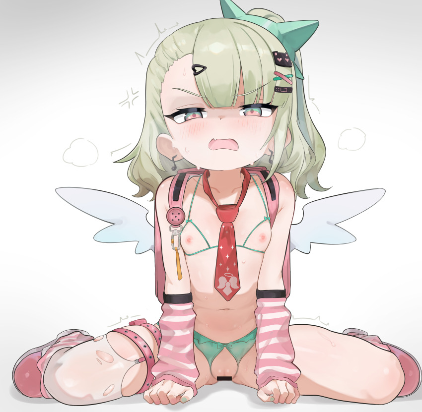 1girl absurdres bar_censor bikini censored chinatsu_remiel dallei detatched_sleeves flat_chest highres loli micro_bikini mihoyo navel nipples pussy sitting stomach swimsuit white_background zenless_zone_zero