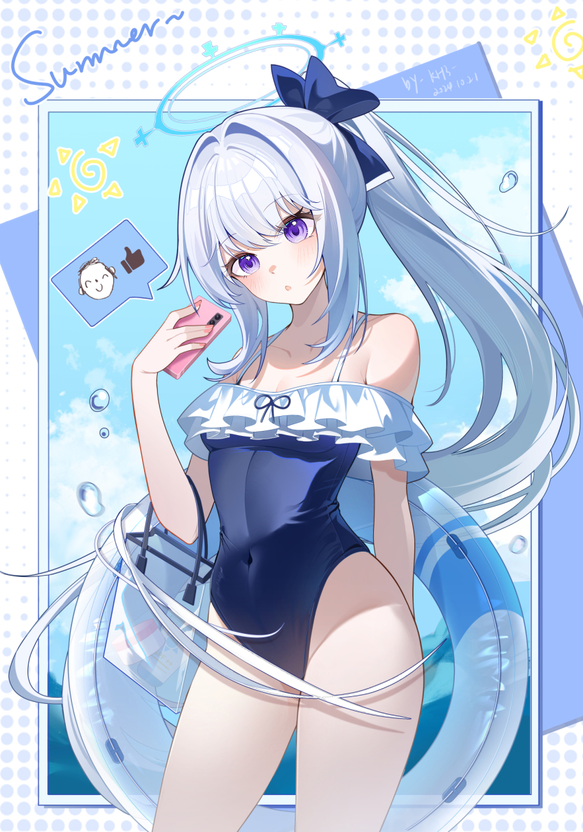 blue_archive blue_halo blue_one-piece_swimsuit casual_one-piece_swimsuit cellphone commentary_request covered_navel doodle_sensei_(blue_archive) frilled_one-piece_swimsuit frills hair_ribbon halo highleg highleg_one-piece_swimsuit highres holding holding_phone long_hair miaogujun miyako_(blue_archive) miyako_(swimsuit)_(blue_archive) off-shoulder_one-piece_swimsuit off_shoulder official_alternate_costume one-piece_swimsuit partial_commentary phone ponytail ribbon sensei_(blue_archive) smartphone swimsuit thumbs_up transparent_bag white_hair white_innertube