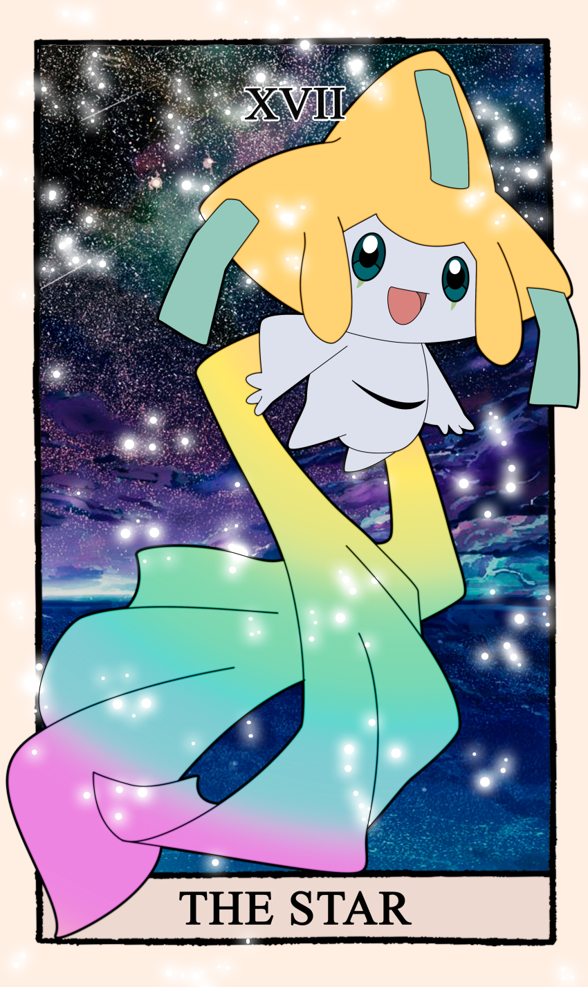 1other absurdres blue_eyes border bright_pupils card_(medium) carrotzmoonman commentary english_commentary floating full_body gen_3_pokemon highres jirachi legendary_pokemon mythical_pokemon nintendo ocean open_mouth pokemon pokemon_(creature) roman_numeral screenshot_background solo tarot tarot_(medium) the_star_(tarot) white_border white_pupils