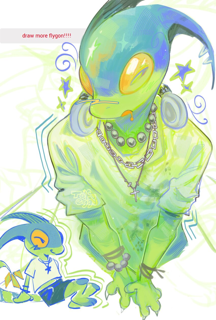 1boy absurdres chain chain_necklace claws colored_skin commentary cross cross_necklace drooling english_commentary english_text flygon furry furry_male gen_3_pokemon green_shirt green_skin headphones headphones_around_neck highres jewelry male_focus mouth_drool multiple_views necklace nintendo pokemon shirt tail tofu_eggs