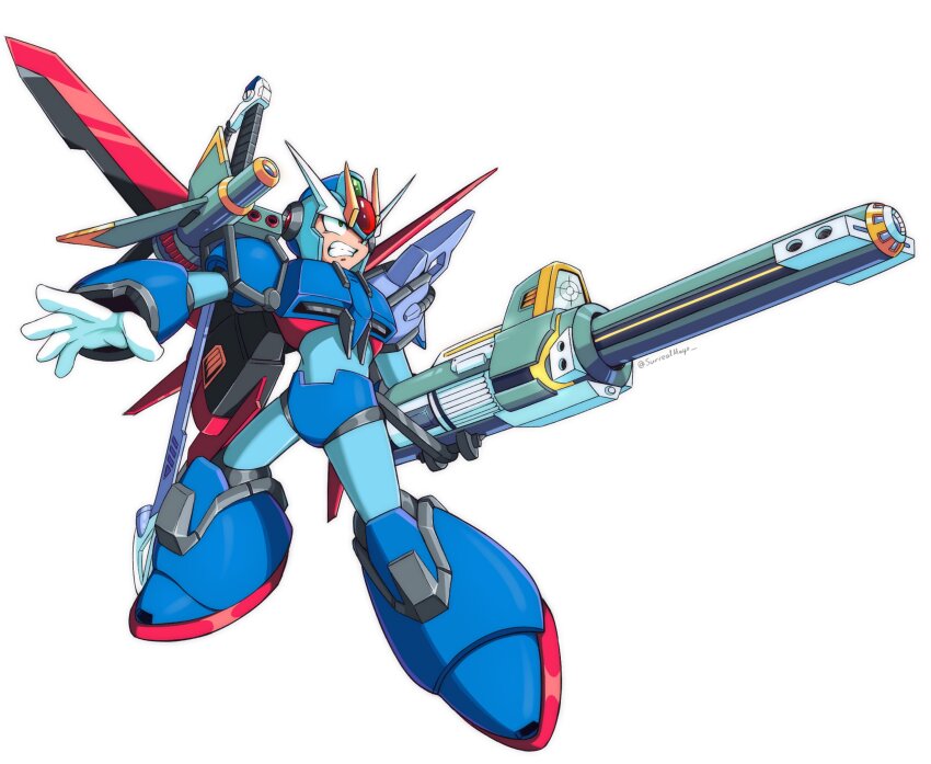 1boy android arm_cannon armor blue_armor blue_helmet clenched_teeth commentary forehead_jewel full_body gundam helmet highres male_focus mecha mechanical_wings mega_man_(series) mega_man_x_(series) perfect_strike_gundam railgun robot science_fiction simple_background solo surrealmason teeth weapon white_background wings x_(mega_man)