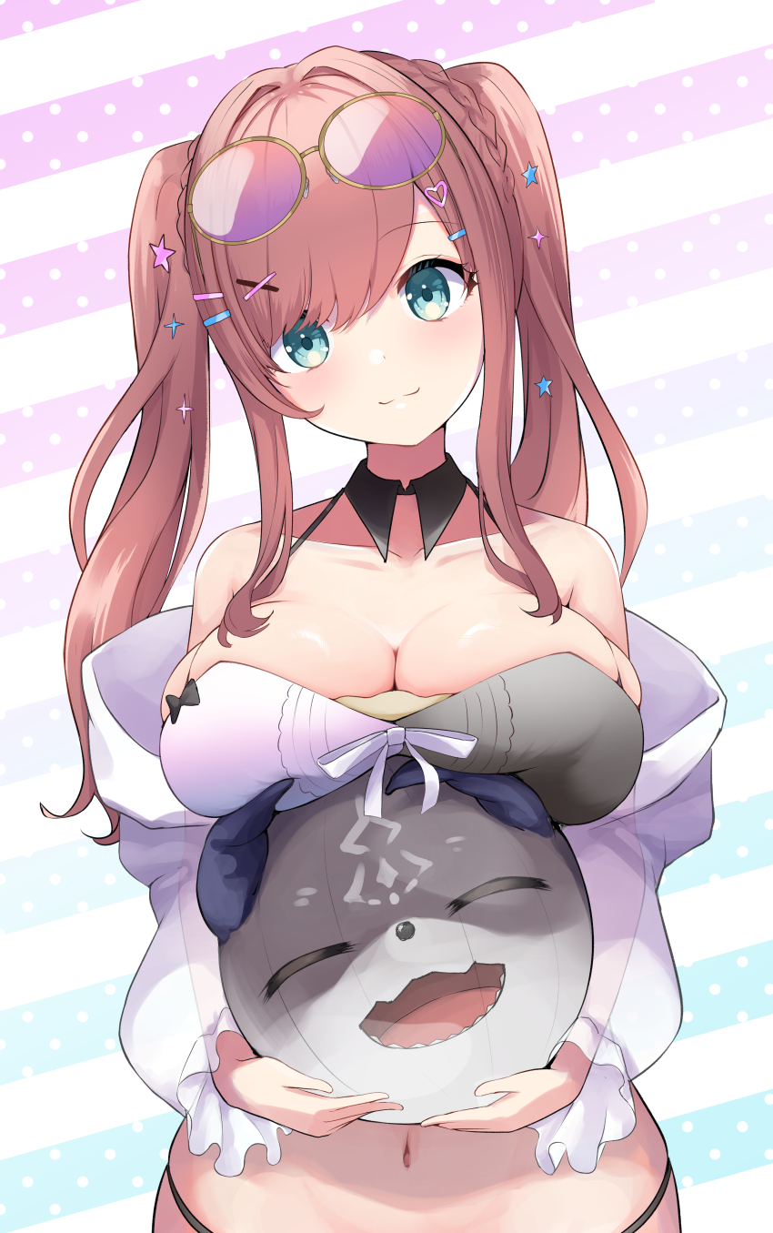 1girl :3 absurdres bikini blue_eyes blush breast_press breasts brown_hair collared_bikini debidebi_debiru eyewear_on_head hair_ornament head_tilt highres holding kurenai_rock large_breasts long_sleeves looking_at_viewer nijisanji off_shoulder purple-tinted_eyewear see-through_clothes sidelocks suzuhara_lulu swimsuit tinted_eyewear twintails virtual_youtuber x_hair_ornament