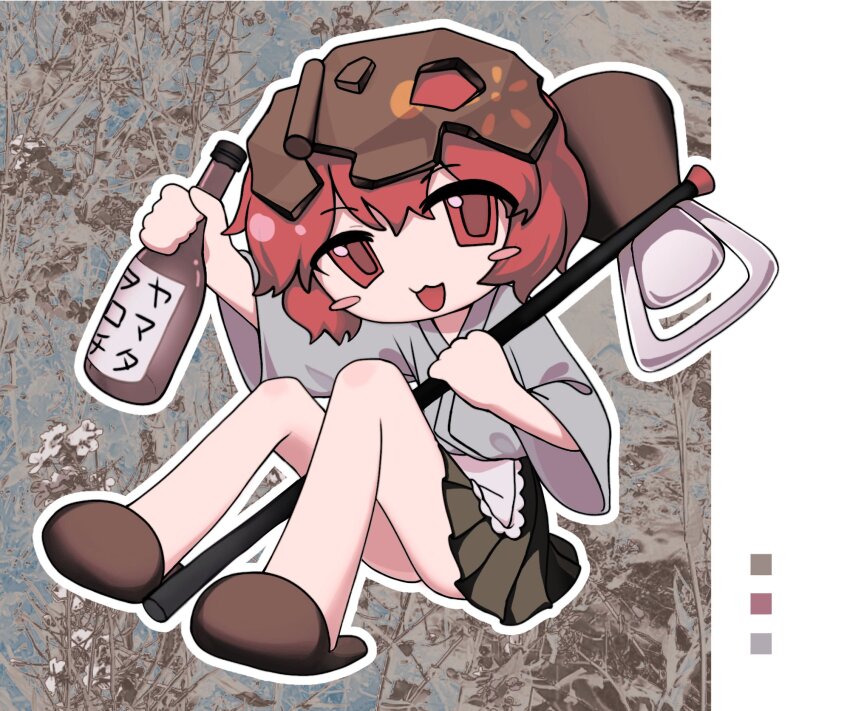 1other androgynous apron bare_legs blue_kimono blush_stickers bottle brown_hakama brown_helmet brown_slippers cherry_blossoms commentary euthan flower frilled_apron frills full_body hakama hakama_short_skirt hakama_skirt hammer helmet highres holding holding_bottle holding_hammer japanese_clothes katano_sukune katano_sukune&#039;s_bottle_opener kimono knees_up len&#039;en long_sleeves looking_at_viewer open_mouth other_focus outline over_shoulder photo_background red_eyes red_hair sake_bottle short_hair short_kimono sitting skirt slippers smile solo symbol-only_commentary tree waist_apron weapon weapon_over_shoulder white_apron white_flower white_outline wide_sleeves