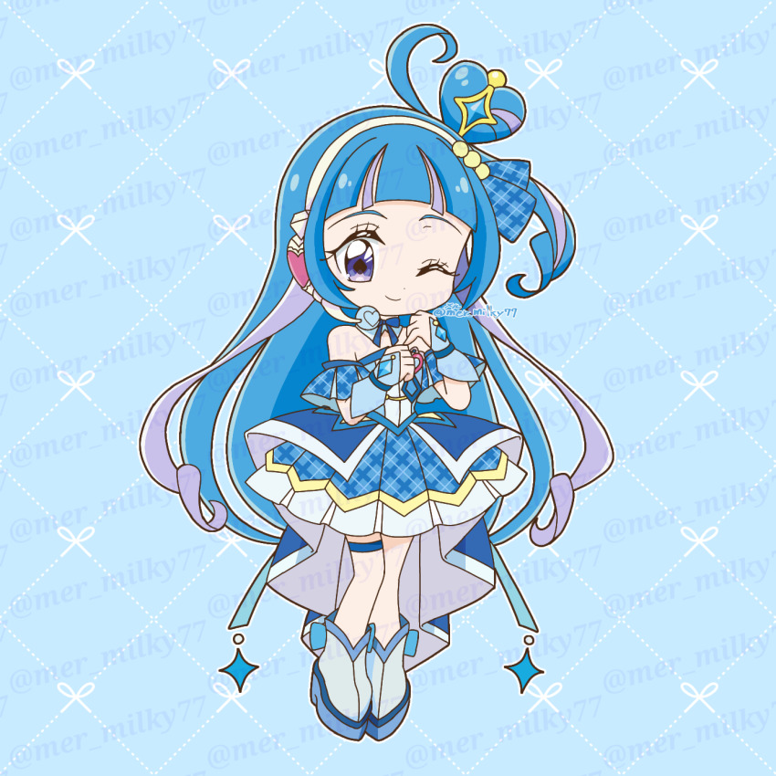 1girl ahoge aokaze_nana bare_shoulders blue_background blue_boots blue_bow blue_bowtie blue_collar blue_dress blue_gemstone blue_hair blue_ribbon blue_sleeves blue_theme blunt_bangs boots bow bowtie bracelet brooch clenched_hands closed_mouth collar commentary_request cure_wink deformed detached_collar detached_sleeves diamond_hair_ornament dress eyelashes footwear_bow full_body gem hair_bobbles hair_bun hair_ornament hair_ribbon hand_jewel headset heart heart_brooch heart-shaped_hair highres jewelry kimi_to_idol_precure long_hair looking_at_viewer magical_girl meru_(mer_milky77) multicolored_hair one_eye_closed one_side_up outline pale_skin plaid_clothes plaid_dress plaid_ribbon plaid_sleeves pleated_dress pleated_skirt precure purple_eyes purple_hair ribbon short_dress short_sleeves simple_background single_side_bun skirt smile solo standing strapless strapless_dress streaked_hair tareme thigh_strap train_(clothing) twitter_username very_long_hair watermark watermark_grid wavy_hair white_headphones white_outline