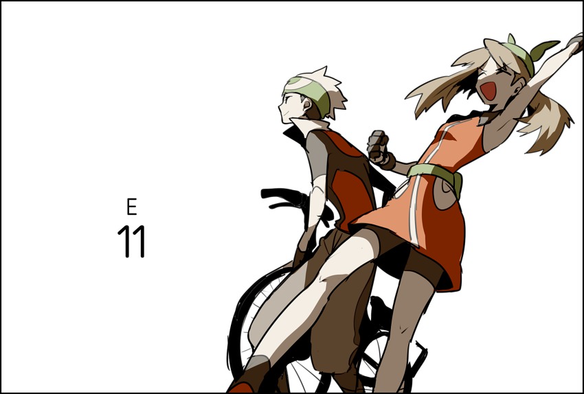 00s 11 1boy 1girl :d ^_^ anniversary arm_up armpits bandana belt_pouch bicycle black_hair brendan_(pokemon) brendan_(pokemon_emerald) brown_hair clenched_hand closed_eyes copyright_name domu_(hamadura) dress from_below from_side gloves hat highres long_sleeves may_(pokemon) may_(pokemon_emerald) nintendo open_mouth pants parted_bangs pokemon pokemon_rse pouch simple_background smile white_background