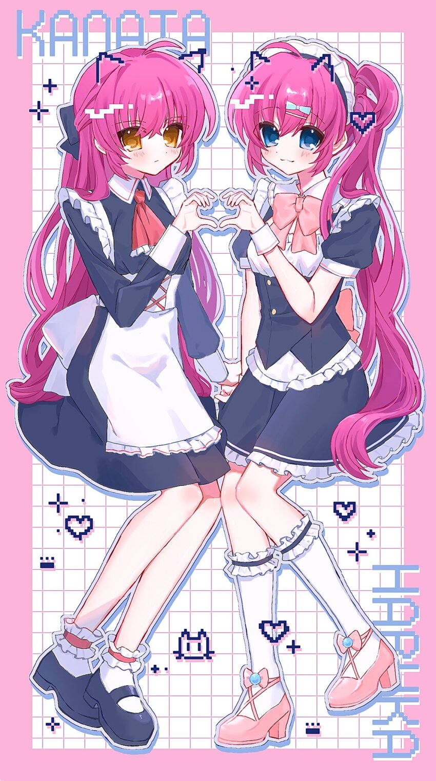 2girls :3 ahoge alternate_costume apron aqua_bow ascot black_bow black_dress black_shoes blue_eyes blush border bow bowtie character_name closed_mouth commentary dress enmaided eshiko eyes_visible_through_hair frilled_apron frilled_ascot frilled_dress frilled_socks frills frown full_body futaki_kanata hair_between_eyes hair_bow hair_over_shoulder half_updo hand_up heart heart_hands heart_hands_duo highres kneehighs little_busters! long_hair long_sleeves maid maid_apron maid_headdress mary_janes multiple_girls one_side_up outside_border pink_border pink_bow pink_bowtie pink_hair pink_shoes pixel_heart red_ascot saigusa_haruka shoes short_sleeves siblings side_ponytail simple_background sisters smile socks split_mouth standing twins very_long_hair white_apron white_background white_socks white_wrist_cuffs wrist_cuffs yellow_eyes