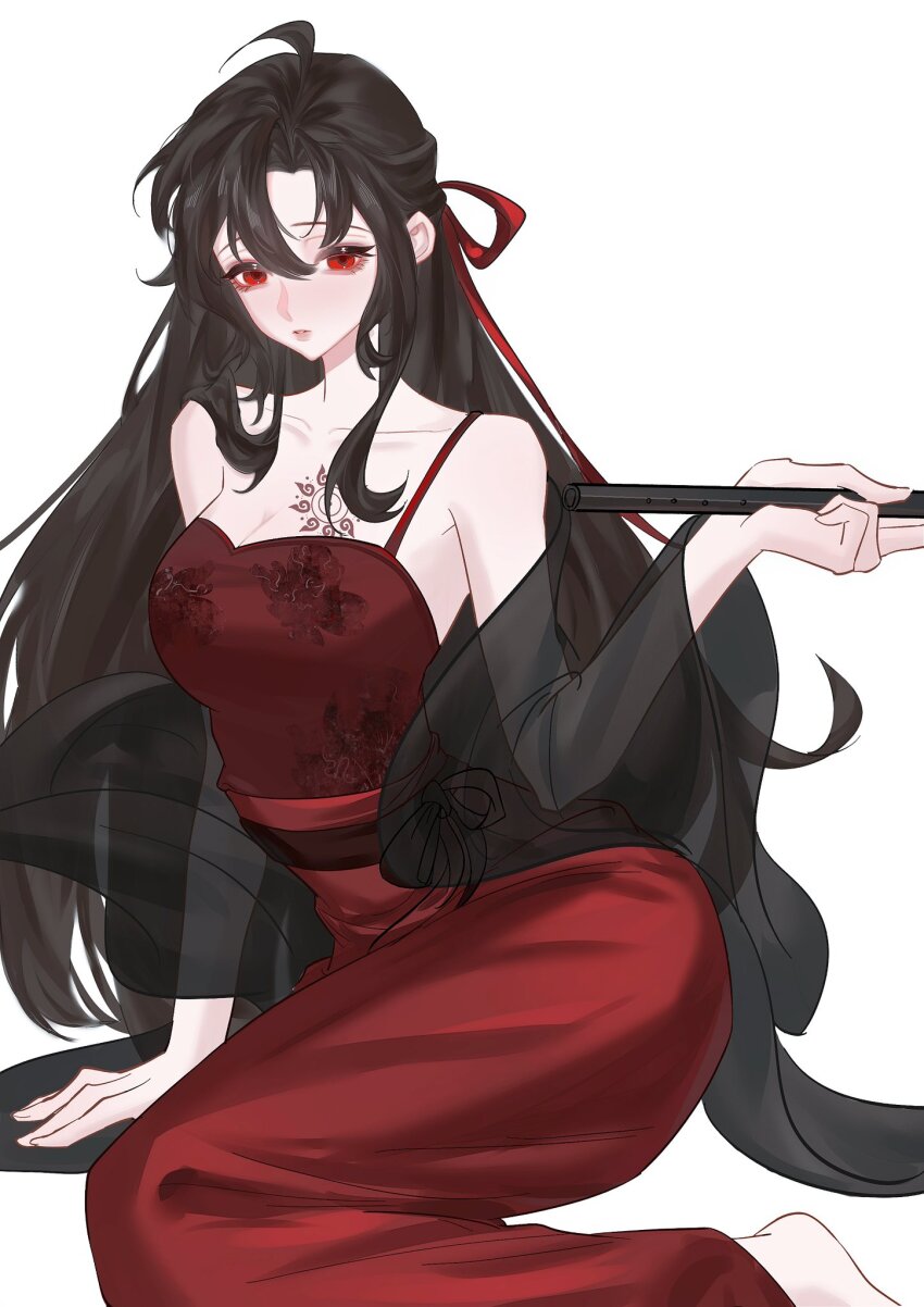 1girl ahoge alternate_costume arm_support artist_request bare_shoulders barefoot black_coat black_hair blush branded breasts chenqing_flute china_dress chinese_clothes chinese_commentary cleavage coat collarbone dizi dress dudou flute genderswap genderswap_(mtf) hair_down hair_ribbon half_updo hand_fan hanfu highres holding holding_fan holding_flute holding_instrument instrument large_breasts long_hair modao_zushi off_shoulder official_alternate_hairstyle open_clothes open_coat parted_lips red_dress red_eyes red_hanfu red_ribbon red_sash ribbon sash scar scar_on_chest second-party_source see-through_clothes shawl sidelocks simple_background sitting sleeveless sleeveless_dress solo transverse_flute very_long_hair wei_wuxian wei_wuxian_(yiling_laozu) white_background yokozuwari