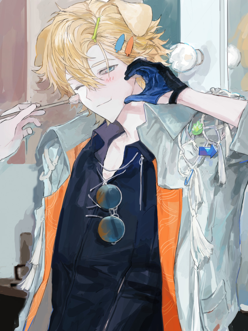 1boy 1other absurdres animal_ears arknights black_gloves black_shirt blonde_hair blue-tinted_eyewear blue_eyes blue_gloves blue_jacket blush closed_mouth dog_boy dog_ears donot-contactme-109 gloves hair_between_eyes hair_ornament hairclip hand_up heart heart_hands highres holding holding_brush jacket male_focus messy_hair one_eye_closed open_clothes open_jacket open_shirt orange-tinted_eyewear shirt single_glove smile solo_focus sunglasses table tequila_(arknights) tequila_(top_tier_live)_(arknights) thick_eyebrows tinted_eyewear unworn_eyewear vanity_table white_string