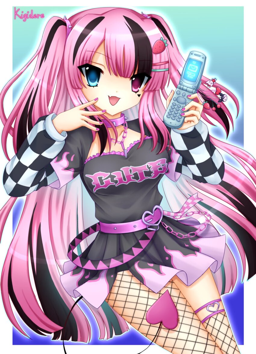 1girl artist_name asymmetrical_legwear belt blue_background blue_eyes border cellphone checkered_sleeves commission cowboy_shot demon_tail facial_mark fishnets flip_phone gradient_background hands_up heart heart_facial_mark heterochromia highres holding holding_phone indie_virtual_youtuber kigidere long_hair long_sleeves looking_at_viewer miniskirt multicolored_hair nail_polish open_mouth outside_border phone pink_belt pink_hair pink_nails purple_eyes sagawa_kiki single_leg_pantyhose single_thighhigh skirt smile solo streaked_hair tail thighhighs two_side_up uneven_legwear very_long_hair white_border