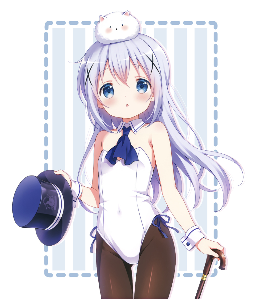 1girl angora_rabbit animal animal_on_head ascot black_hair blue_ascot blue_eyes blue_hair cane cowboy_shot dozdrawof flat_chest gochuumon_wa_usagi_desu_ka? hair_ornament hat highres holding holding_cane holding_unworn_clothes holding_unworn_hat kafuu_chino leotard long_hair on_head rabbit rabbit_on_head side-tie_leotard strapless strapless_leotard striped_background tippy_(gochiusa) top_hat unworn_hat unworn_headwear white_leotard x_hair_ornament