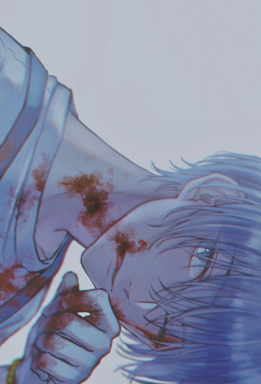 1boy absurdres blood blood_from_mouth blood_on_clothes blood_on_face blood_on_hands blood_on_neck blue_eyes blue_hair bracelet bright_pupils commentary_request grey_background highres jewelry looking_at_viewer male_focus moxamog one_eye_closed original parted_lips shirt short_hair solo white_pupils white_shirt