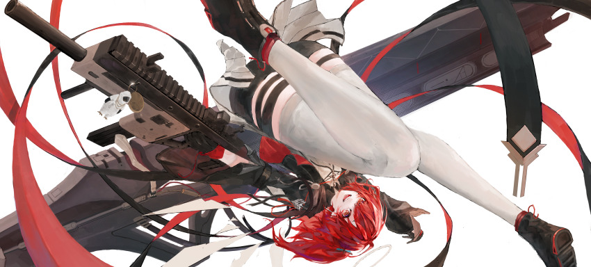 1girl :d absurdres arknights black_jacket black_shoes detached_wings exusiai_(arknights) exusiai_the_new_covenant_(arknights) gun hair_over_one_eye halo highres holding holding_gun holding_weapon isaac_x235 jacket kriss_vector medium_hair one_side_up open_mouth orange_eyes red_hair shirt shoes simple_background smile solo submachine_gun thighhighs weapon white_background white_shirt white_thighhighs wings yellow_halo