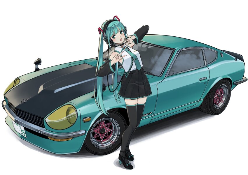 1girl aqua_hair aqua_necktie aqua_trim black_footwear black_skirt black_thighhighs car commentary_request datsun_240z detached_sleeves double_v full_body green_eyes hair_ornament hands_up hatsune_miku headphones high_heels highres light_blush long_hair motor_vehicle nagata_nagato necktie nissan_fairlady_z open_mouth shadow shirt simple_background skirt sleeveless sleeveless_shirt solo thighhighs tie_clip twintails v vehicle_focus vocaloid white_background white_shirt