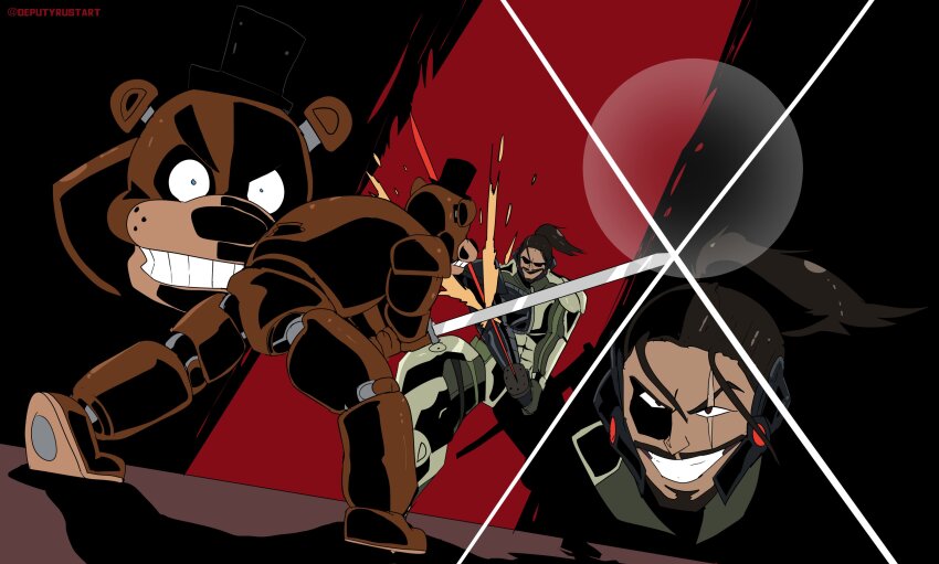 &gt;:) 2boys absurdres animal_ears armor artist_name bear_boy bear_ears beard black_eyes black_headwear brown_hair clash clenched_teeth cyborg deputy_rust duel facial_hair five_nights_at_freddy&#039;s freddy_fazbear grin hat hf_murasama highres holding holding_sword holding_weapon katana male_focus metal_gear_(series) metal_gear_rising:_revengeance multiple_boys mustache ponytail power_armor prosthesis prosthetic_arm robot samuel_rodrigues scar scar_across_eye scar_on_face short_hair smile sparks sword sword_clash teeth top_hat twitter_username v-shaped_eyebrows weapon