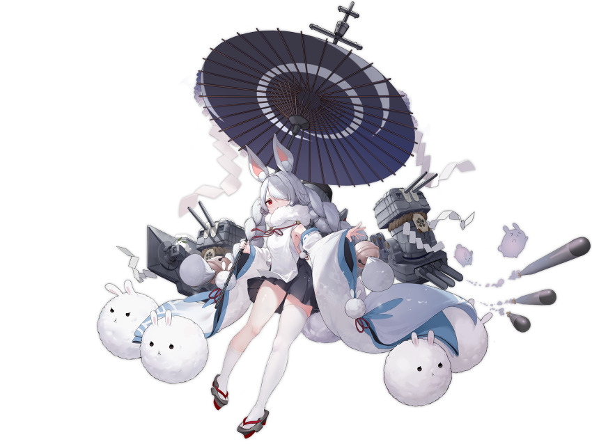 1girl alisa_(kuro_no_sakura) animal_ear_fluff animal_ears asymmetrical_legwear azur_lane bell braid detached_sleeves geta hair_bell hair_ornament hair_over_one_eye highres holding holding_umbrella jingle_bell jitome long_hair long_sleeves looking_at_viewer mismatched_legwear official_art oil-paper_umbrella one_eye_covered open_mouth rabbit_ears red_eyes rigging rope shide shimenawa ship_turret shirayuki_(azur_lane) short_eyebrows single_thighhigh thick_eyebrows thighhighs torpedo transparent_background umbrella white_hair white_thighhighs wide_sleeves