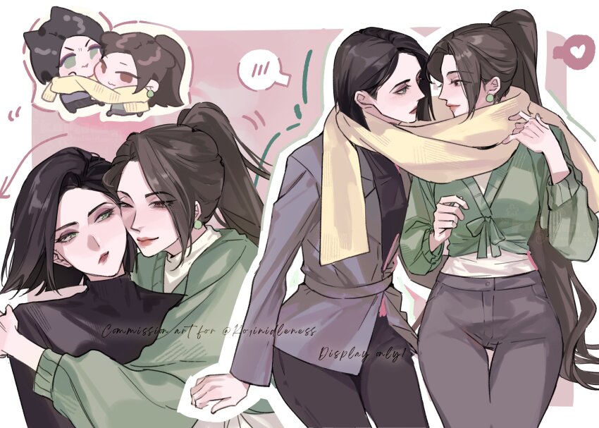 2girls absurdres artist_request black_hair blush brown_eyes brown_hair check_artist chibi closed_mouth commission green_eyes heart highres hug long_hair mayopocket multiple_girls sage_(valorant) scarf second-party_source shared_clothes shared_scarf short_hair valorant viper_(valorant) yellow_scarf yuri