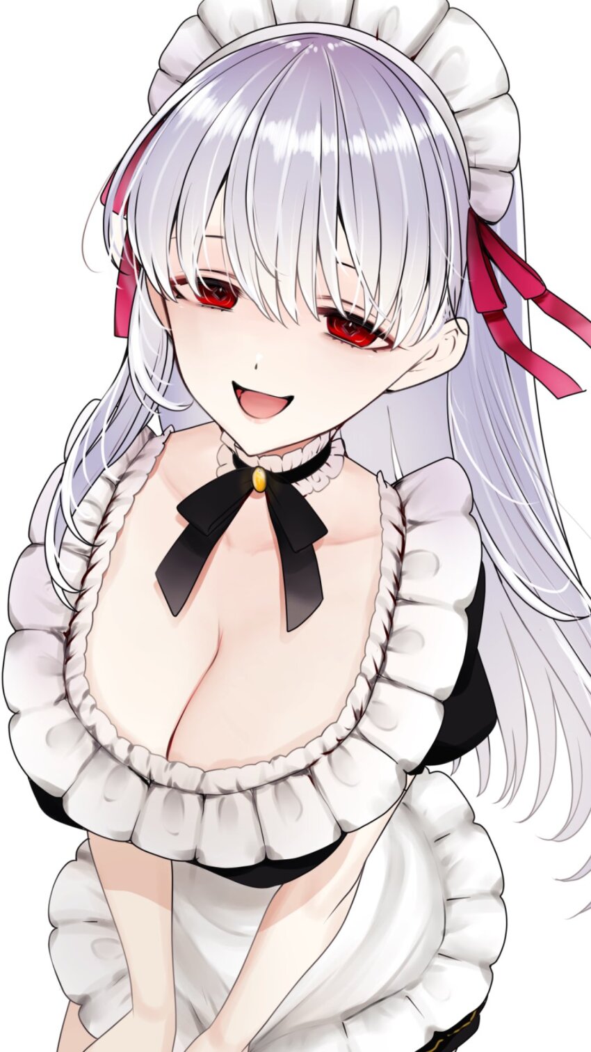 1girl :d apron black_dress black_ribbon breasts choker cleavage collarbone cowboy_shot dot_nose dress fate/grand_order fate_(series) frilled_apron frilled_choker frills grey_hair hair_ribbon highres kama_(fate) kama_(first_ascension)_(fate) kama_(mistake)_(fate) kama_(mistake)_(second_ascension)_(fate) large_breasts long_hair looking_at_viewer maid maid_apron maid_headdress neck_ribbon open_mouth own_hands_together red_eyes red_ribbon ribbon saltylemontea simple_background smile solo white_background