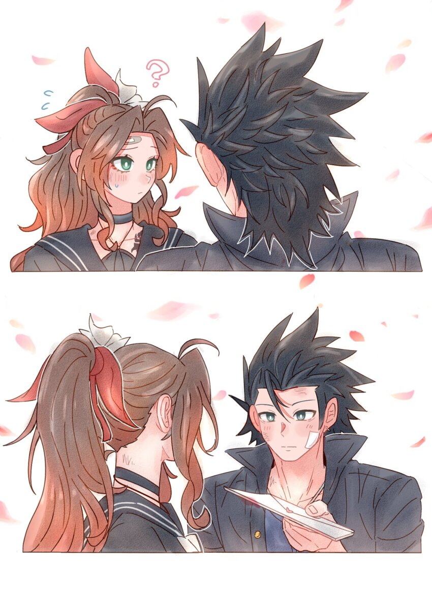 1boy 1girl 7_(milu577610) ? aerith_gainsborough aerith_gainsborough_(midgard_seventh_high_school) bandaid bandaid_on_cheek bandaid_on_face bandaid_on_forehead black_choker black_hair black_jacket black_sailor_collar black_serafuku blue_eyes blue_skirt blush brown_hair choker closed_mouth commentary falling_petals final_fantasy final_fantasy_vii final_fantasy_vii_ever_crisis flower gakuran green_eyes hair_flower hair_ornament high_ponytail highres jacket jewelry long_hair looking_at_viewer neckerchief necklace official_alternate_costume parted_bangs petals pink_petals ponytail sailor_collar school_uniform serafuku sidelocks skirt spiked_hair sweatdrop upper_body white_background white_flower white_neckerchief zack_fair zack_fair_(midgard_seventh_high_school)