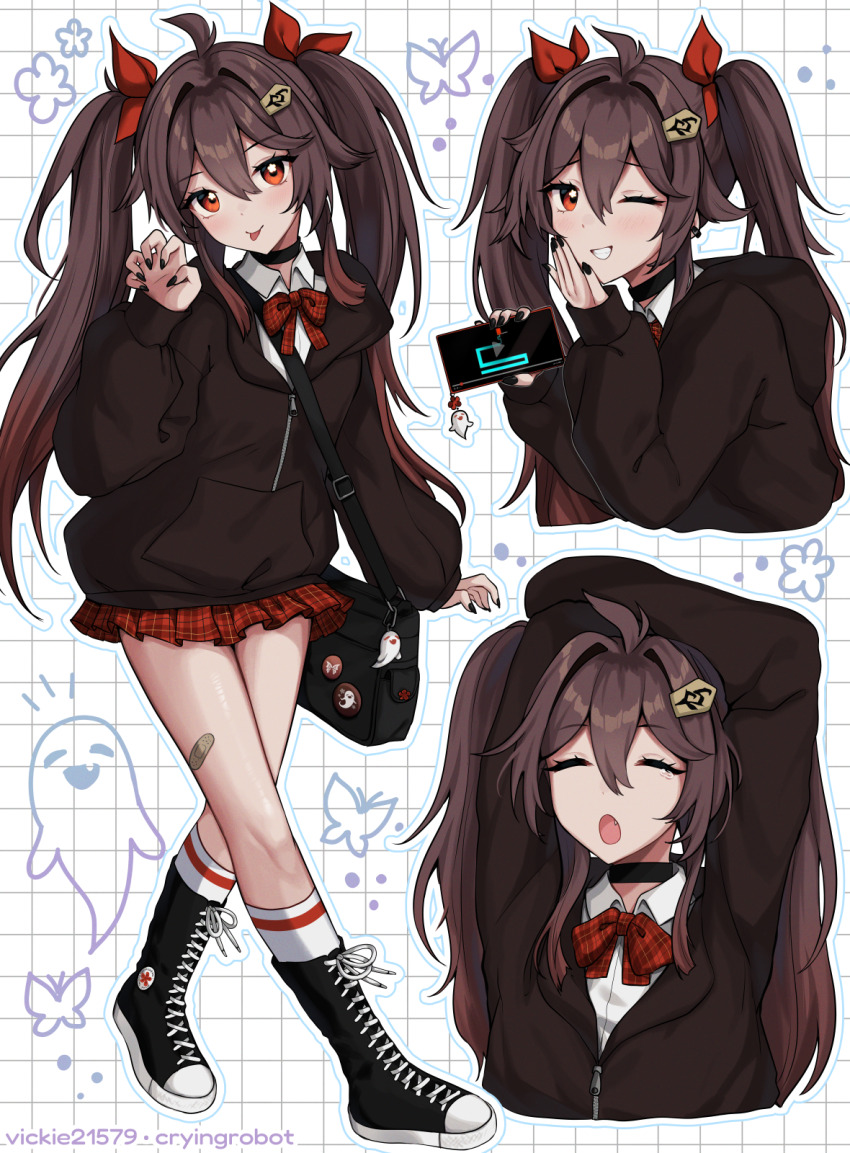1girl :p alternate_costume bag bandaid bandaid_on_leg black_nails boo_tao_(genshin_impact) bow bowtie brown_hair commentary fang genshin_impact hair_between_eyes high_heel_sneakers highres holding holding_phone hu_tao_(genshin_impact) long_hair multiple_pov phone pov red_bow red_bowtie red_ribbon red_skirt ribbon school_uniform shoulder_bag skirt smile tongue tongue_out twintails very_long_hair vickie_(cryingrobot) yawning